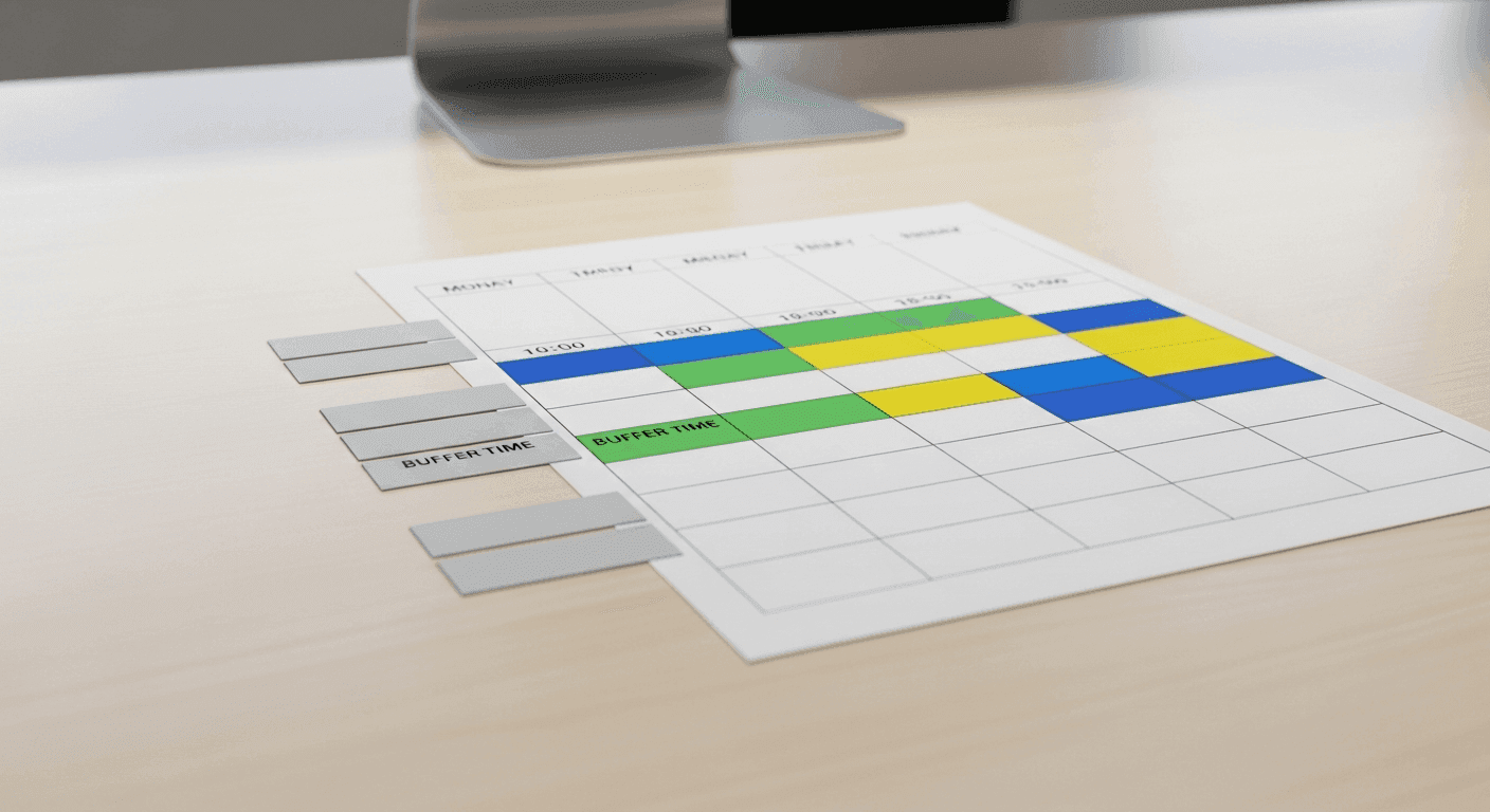 Color-coded appointment template grid on paper beside buffer time blocks on a medical scheduler desk