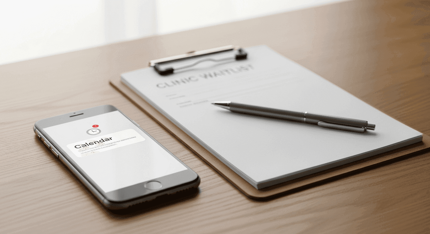 Smartphone showing generic appointment notification beside a clinic waitlist clipboard on a desk