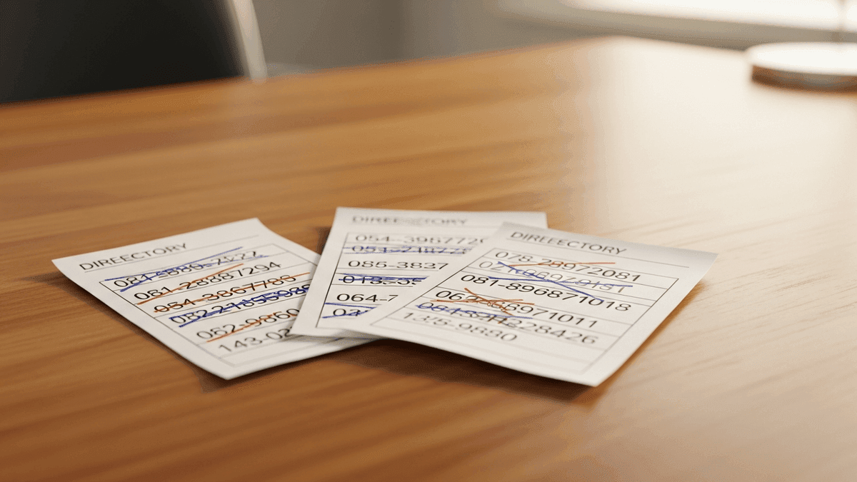 Three conflicting directory printouts with different phone numbers crossed out on a physician office desk