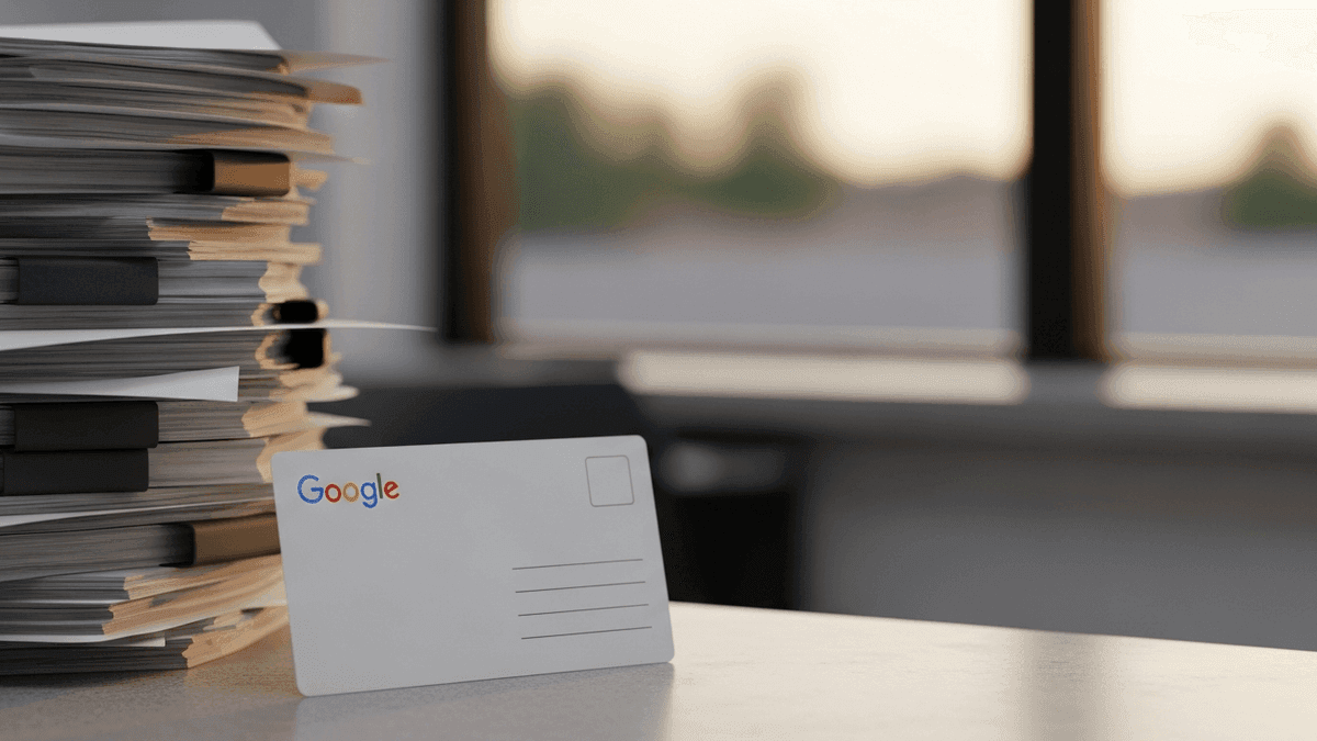Google verification postcard beside lab fax stack on a medical clinic front desk