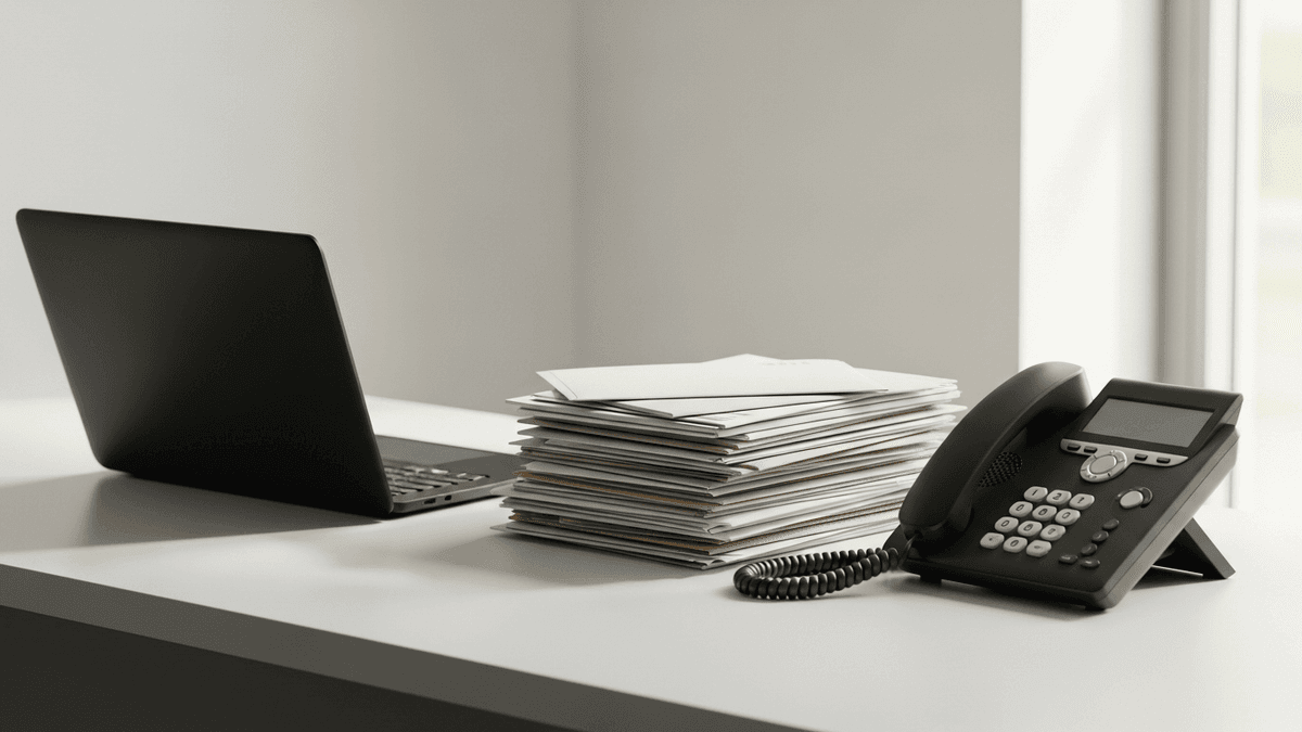 Physician searching Google on laptop beside clinic front desk phone and unopened mail stack