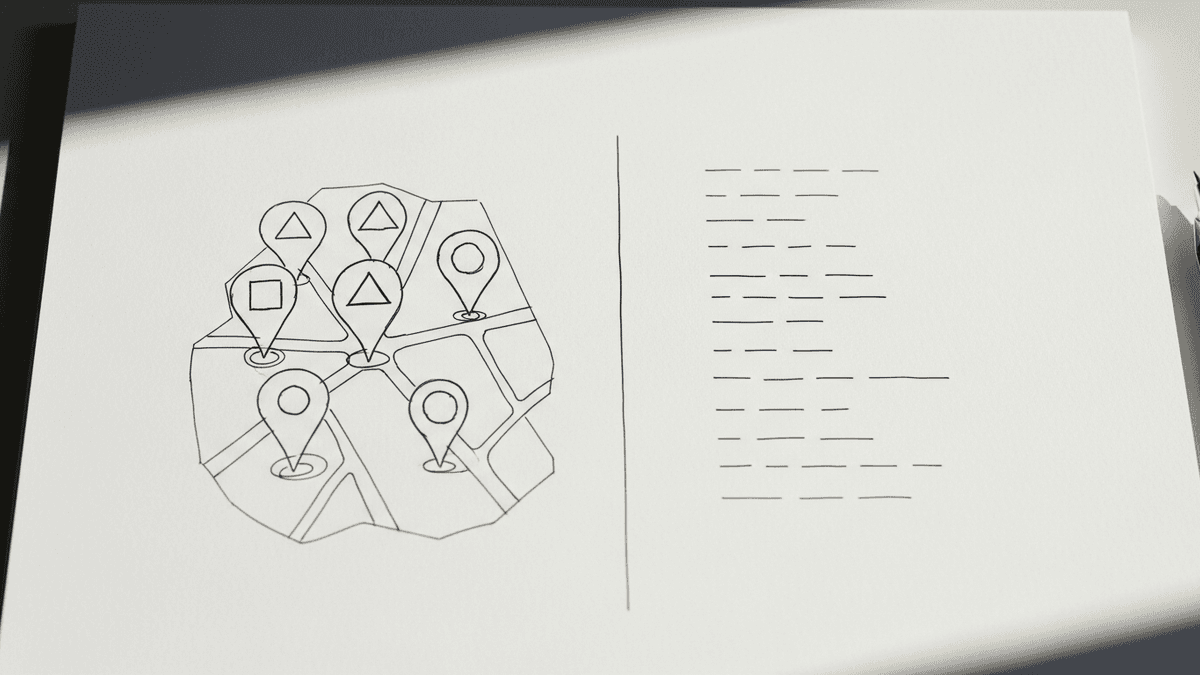 Split diagram sketch of map pin results beside organic search results list on a physician desk notepad