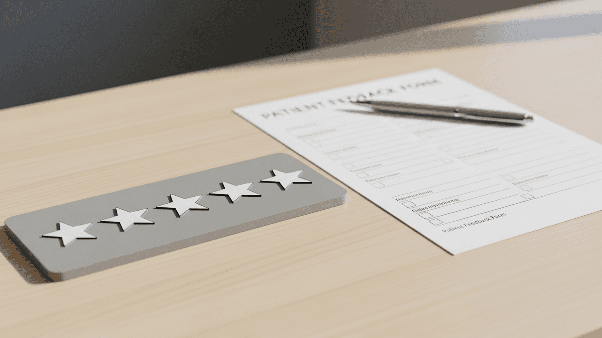 Empty star rating chart beside patient feedback form on a clinic reception desk