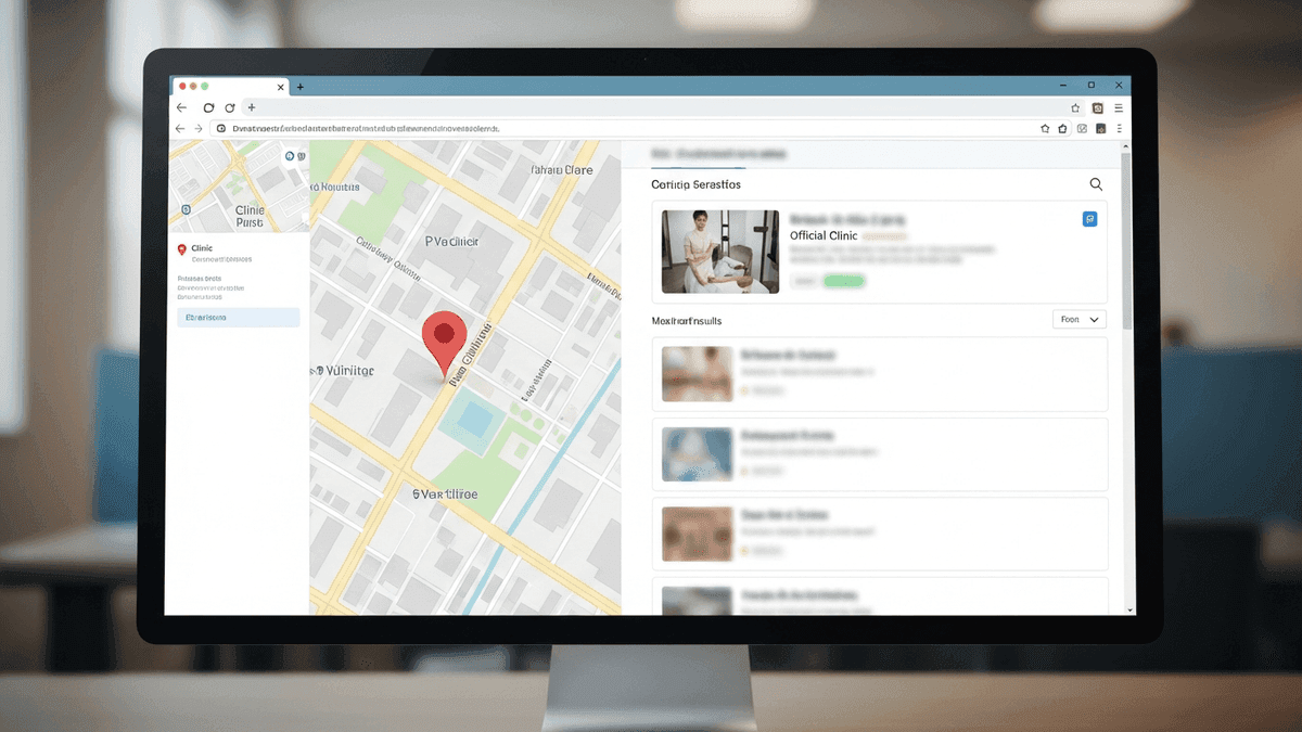 Two browser windows showing map search versus web search results on a clinic office monitor