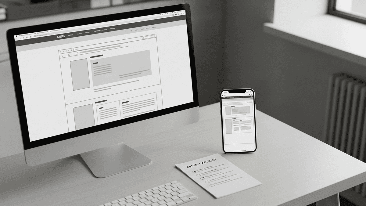 Legacy desktop website wireframe beside mobile phone mockup on a clinic desk with crawl checklist