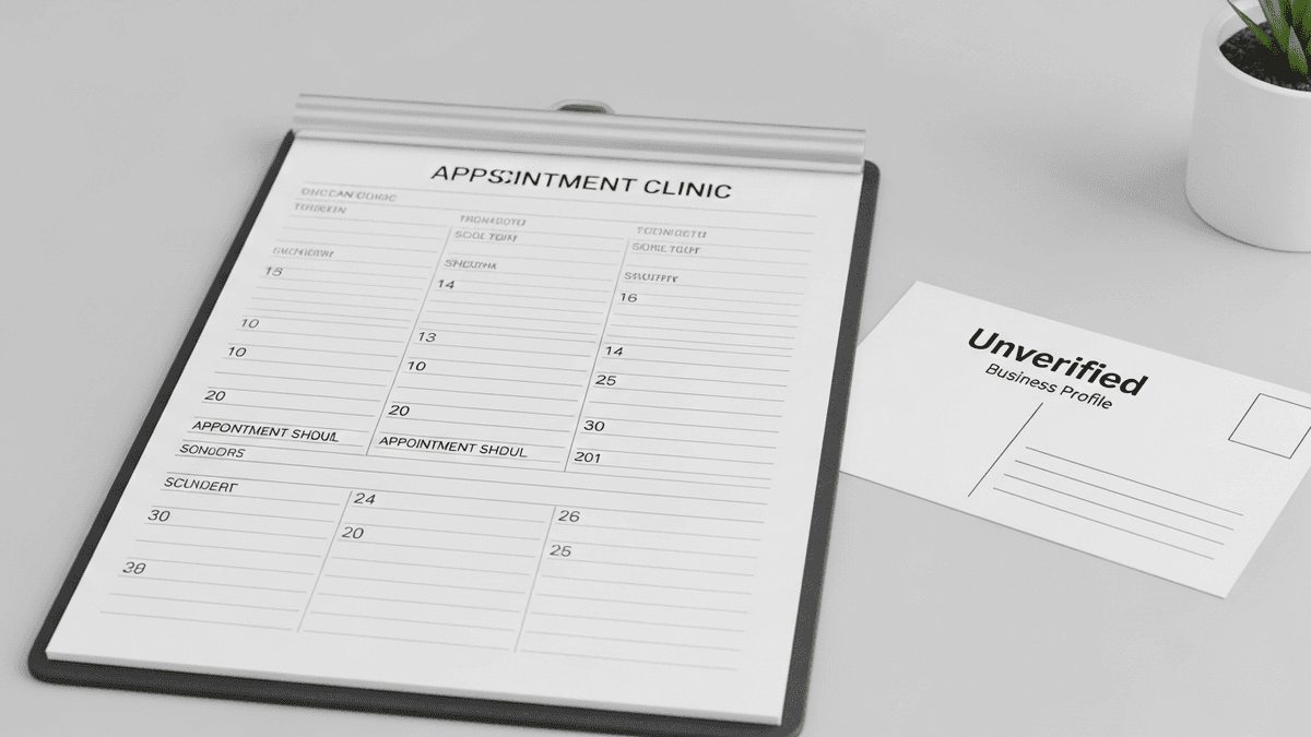 Unverified business profile postcard beside full appointment schedule on a physician clinic desk